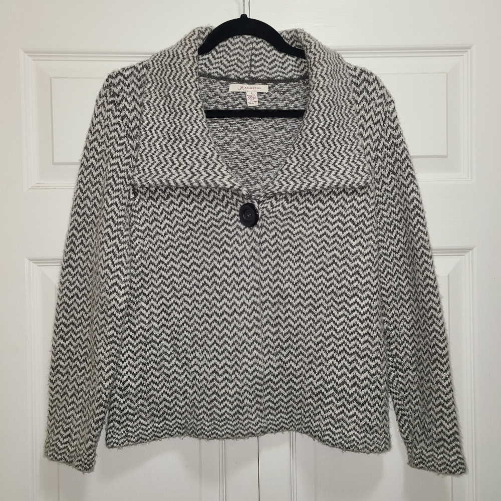 JM‎ Collection Womens Cape Cardigan Sweater Size sm Gray White Chevron 1-Button